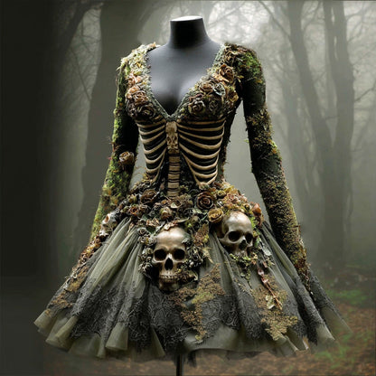 Comstylish Women's Halloween Skull Flowers Moss Witch Midi Dress