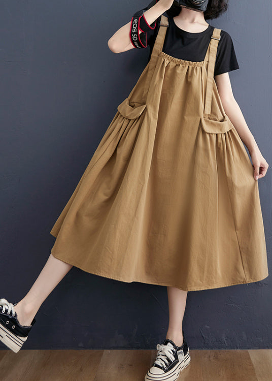 Khaki Wrinkled Pockets Strap Dress Summer
