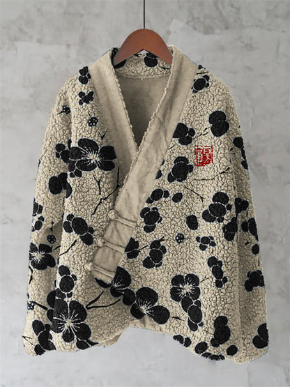 Cherry Blossom Japanese Lino Pattern Cozy Fleece Kimono Cardigan