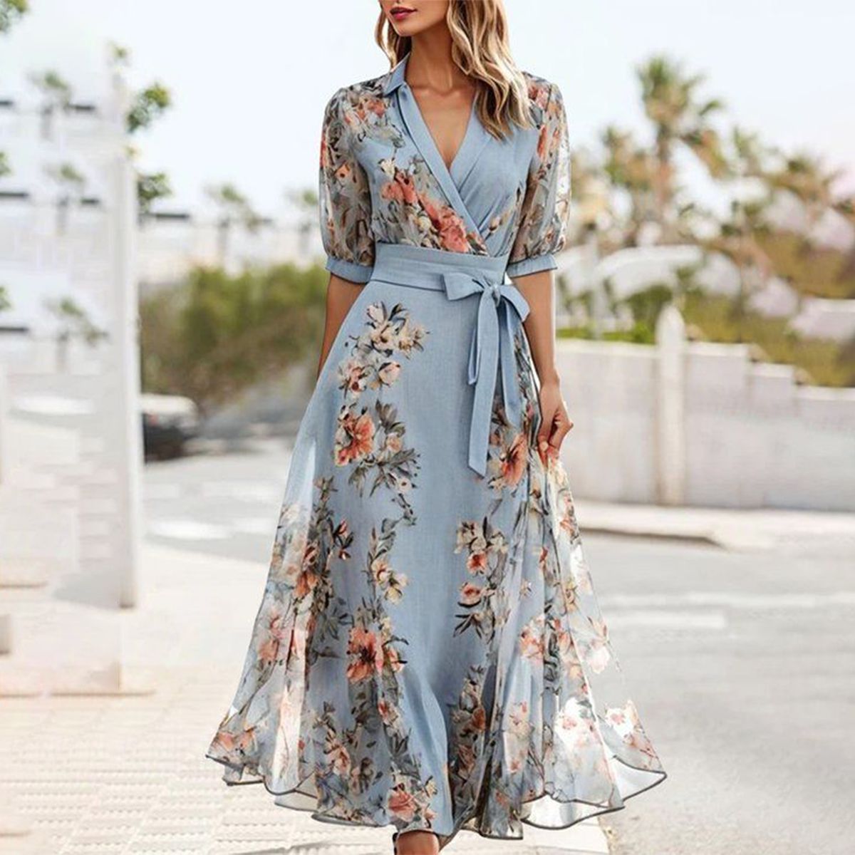 KS | Blue short-sleeved midi dress with a pointed neckline