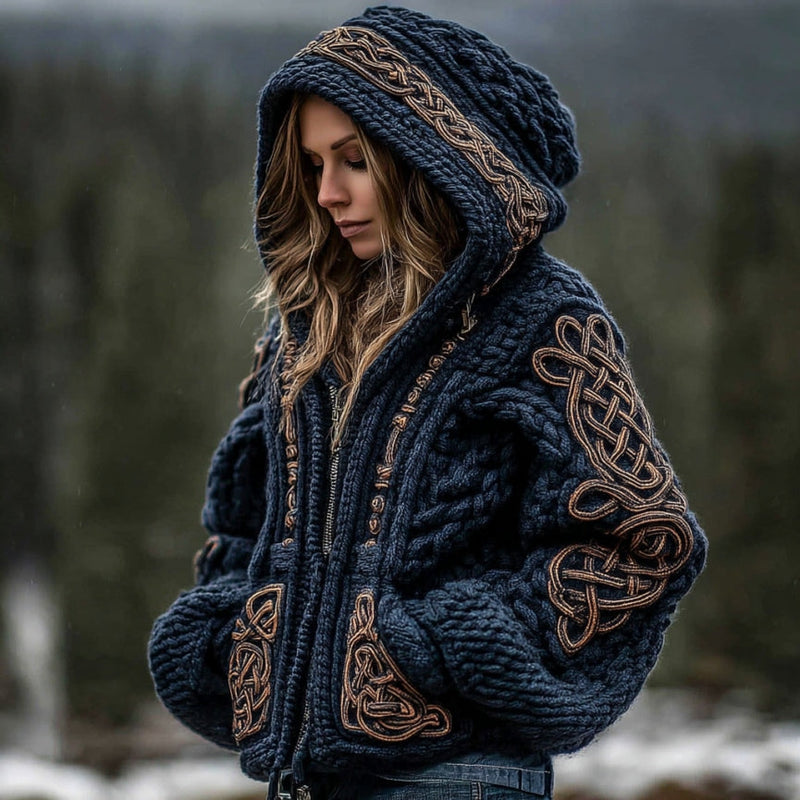 Cotton Hoodie with Celtic Embroidery and Drawstring