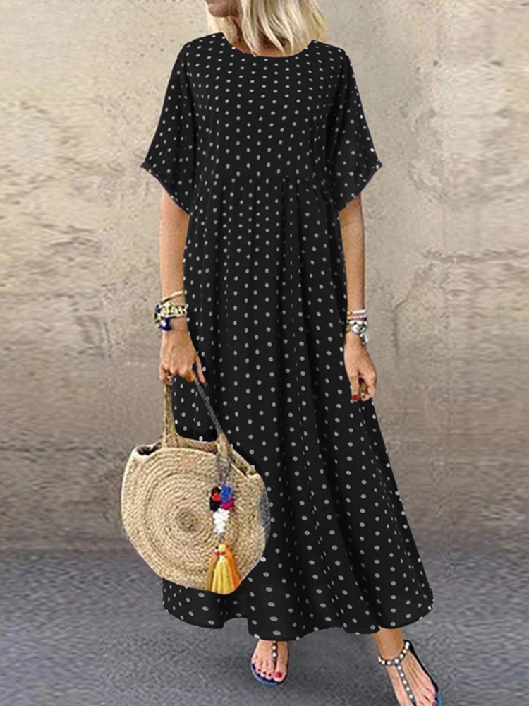 Polka Dot Ladies Midi Dress Bohemian Vacation Short Sleeve O-Neck Long Robe Vintage Loose Casual A-line Vestidos Summer