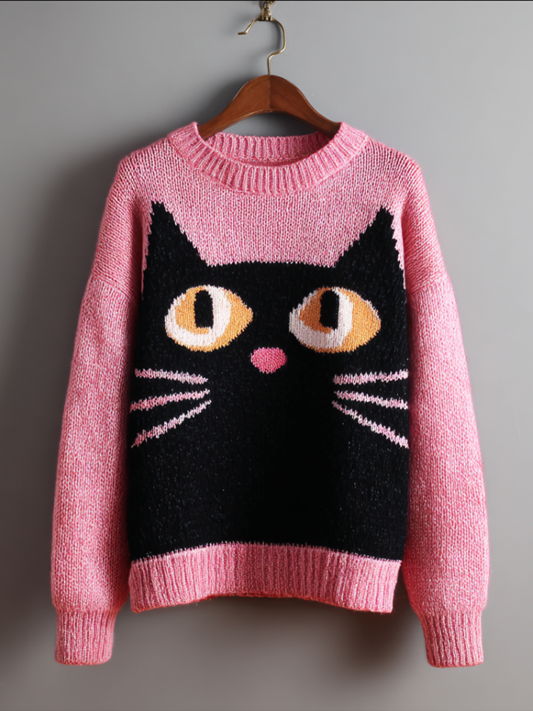 Cotton Sweater with Black Cat Face Design