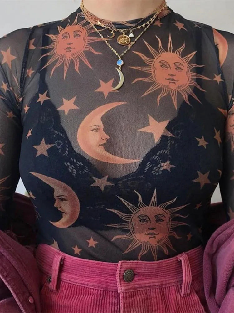 Sun Moon Printed Transparent Mesh T-shirt O-neck Long Sleeve Slim Basic Female Tops Spring New
