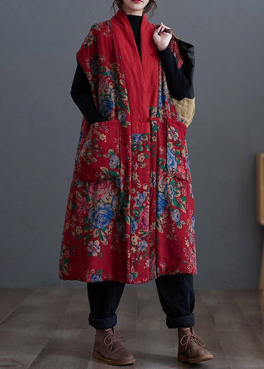 Original Style Red V Neck Print Pockets Fine Cotton Filled Vest Winter