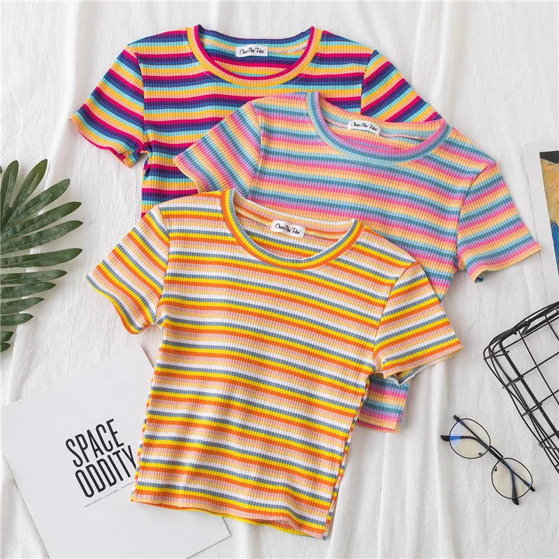 New T Shirt Rainbow Striped Tops Slim Fit T Shirt Harajuku Tshirt Summer Short Sleeve Korean T-shirt Feminina Clothes Tops