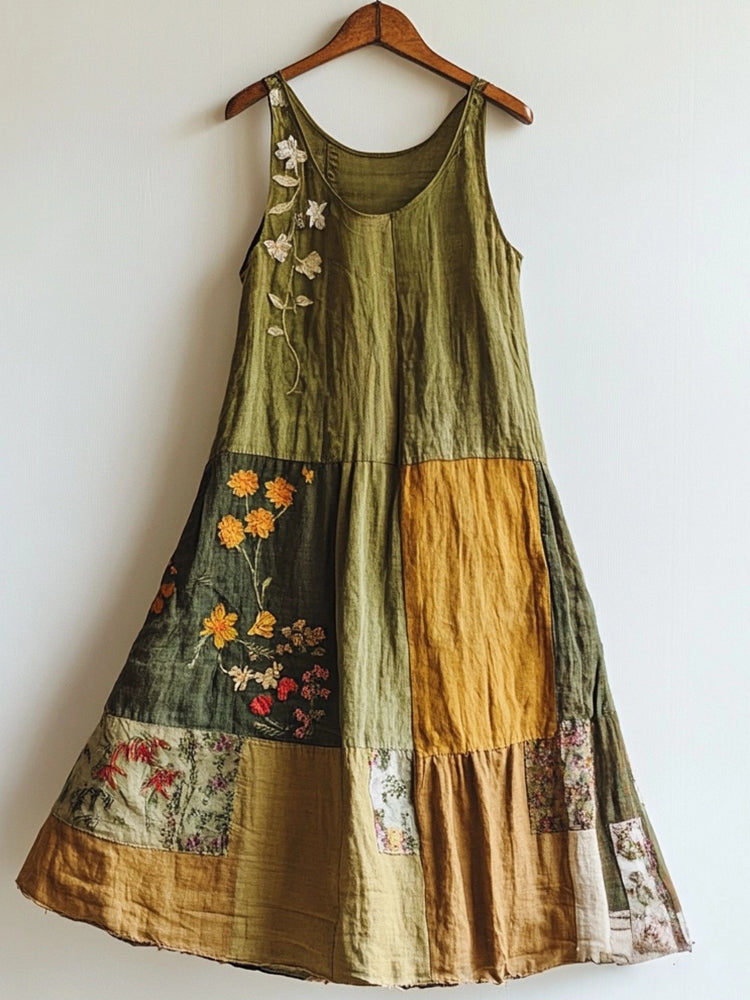 Floral Embroidered Art Linen Blend Patchwork Dress artswardrobe