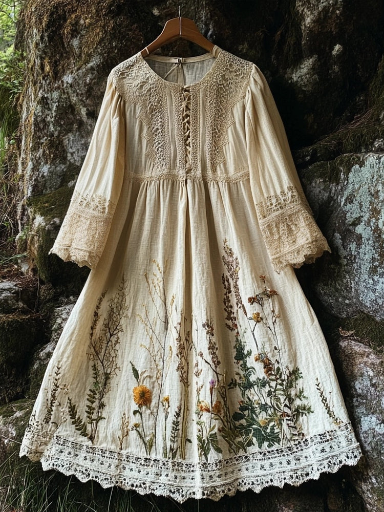 Vintage Floral Embroidered Linen Blend Lace Maxi Dress artswardrobe
