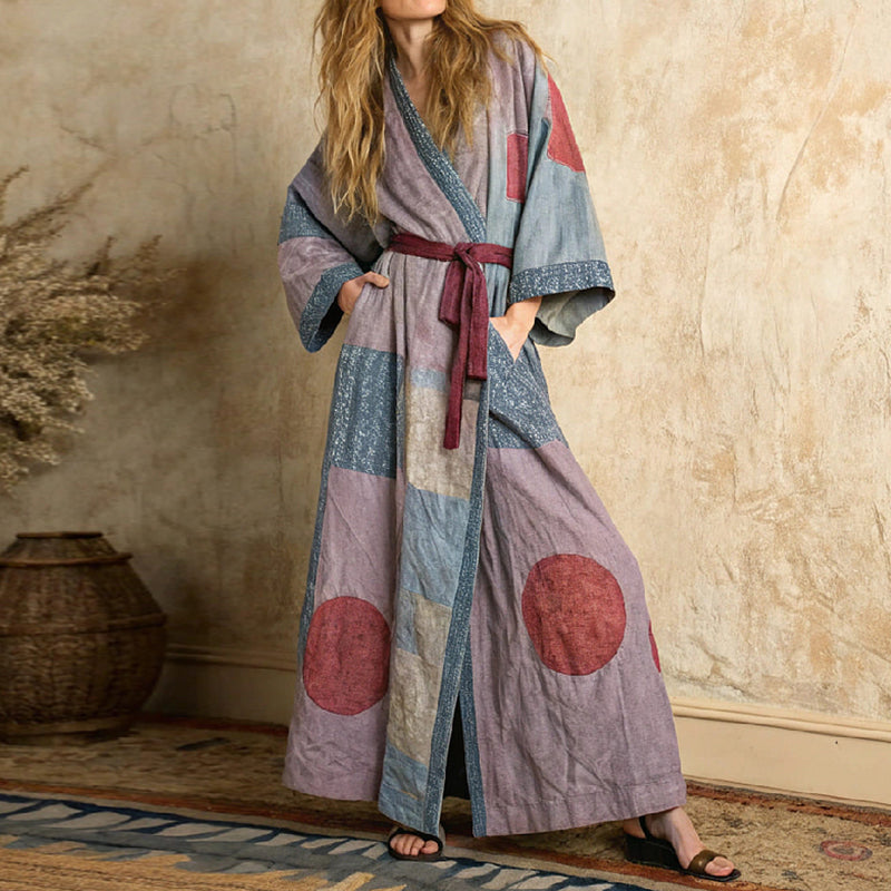 Women's Japanese Art  Linen V-neck Robe artswardrobe