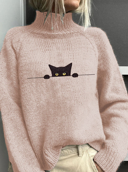 Women's Casual Funny Black Cat Print Sweater elevenforest