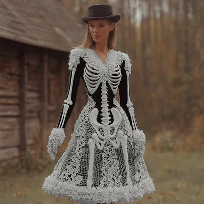 Comstylish Women's Halloween Skeleton And Rose Lace V-neck Dress