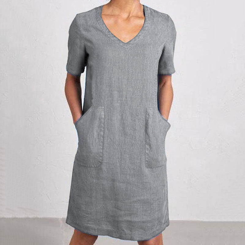 Women's Retro Solid Color Cotton And Linen V-neck Pocket Dress artswardrobe