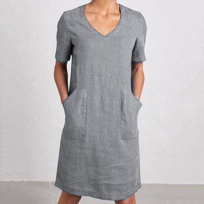 Women's Retro Solid Color Cotton And Linen V-neck Pocket Dress artswardrobe