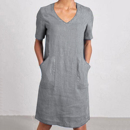 Women's Retro Solid Color Cotton And Linen V-neck Pocket Dress artswardrobe