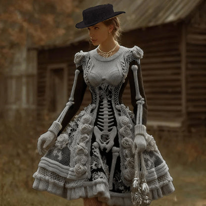 Comstylish Women's Halloween Skeleton And Rose V-neck Dress