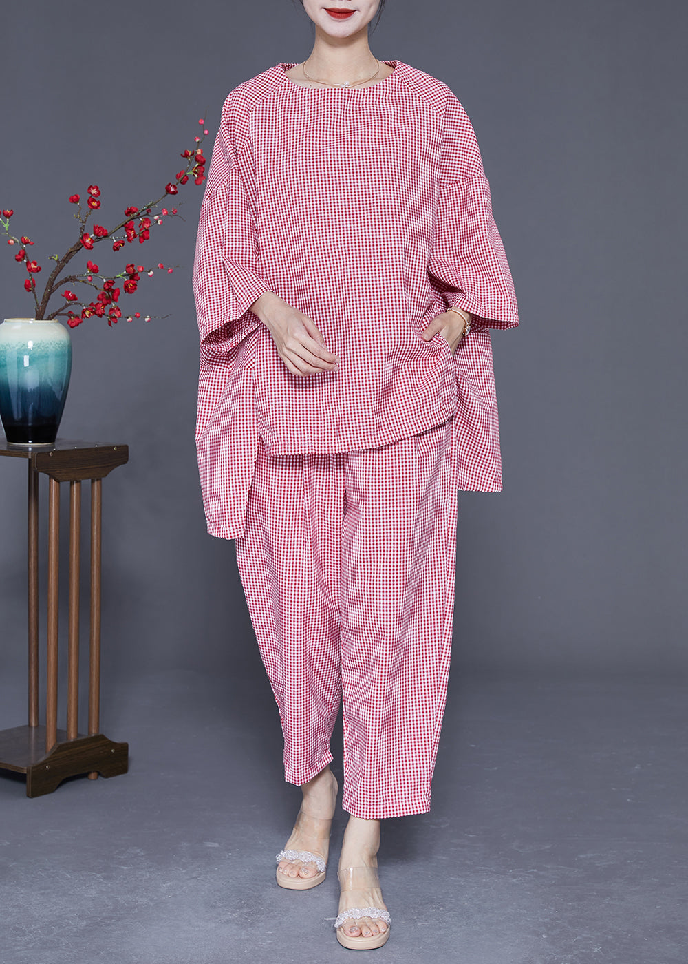 Red Oversized Plaid Low High Design Cotton Two Pieces Set Batwing Sleeve