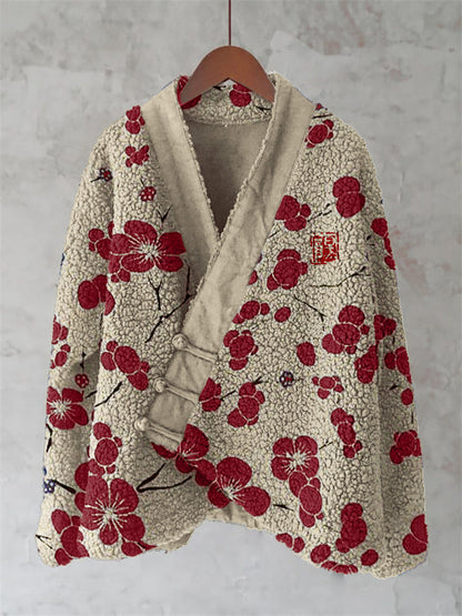 Cherry Blossom Japanese Lino Pattern Cozy Fleece Kimono Cardigan