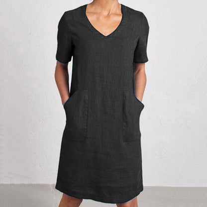 Women's Retro Solid Color Cotton And Linen V-neck Pocket Dress artswardrobe