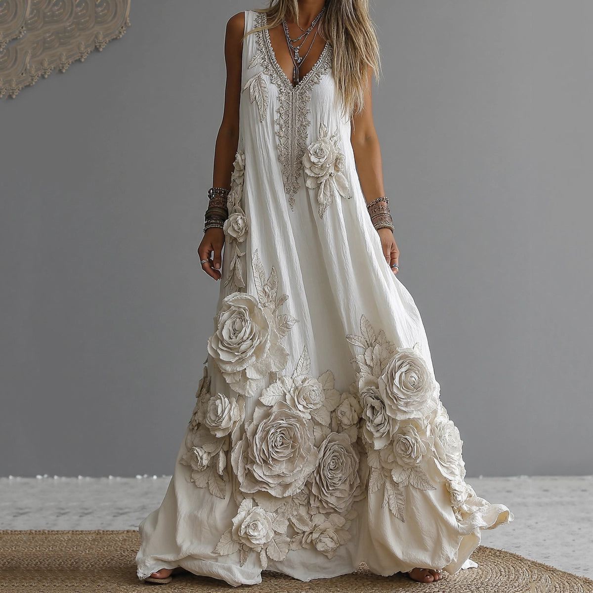 Women's Vintage White Rose Embroidered V-neck Sleeveless Maxi Dress artswardrobe