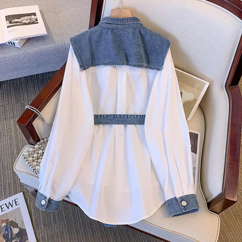Style Blue Peter Pan Collar Patchwork Cotton Fake Two Piece Shirt Top Spring