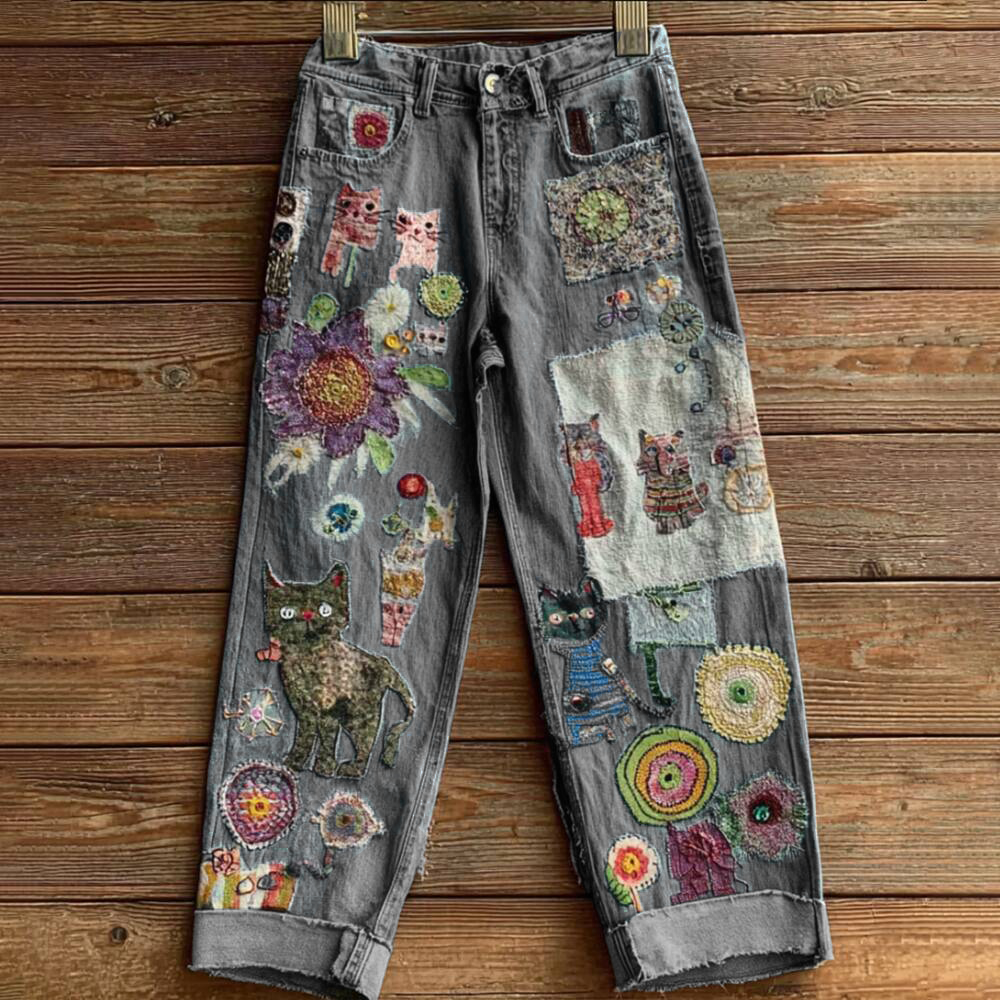 Women's Bohemian-style Floral Cat-print Jeans elevenforest