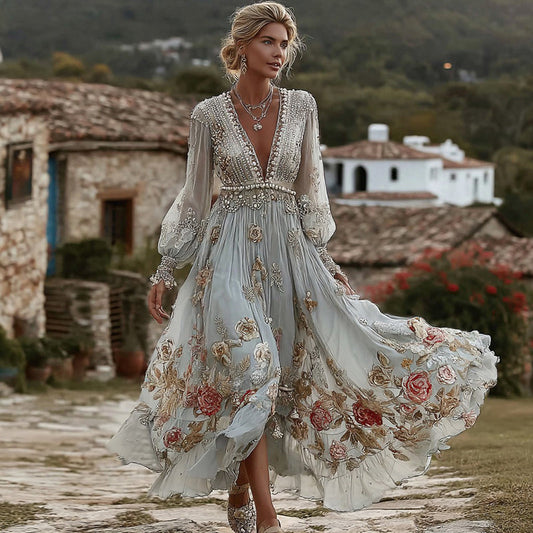 Comstylish Women's Vintage Bohemian Floral Embroidered Casual Long Sleeve Dress