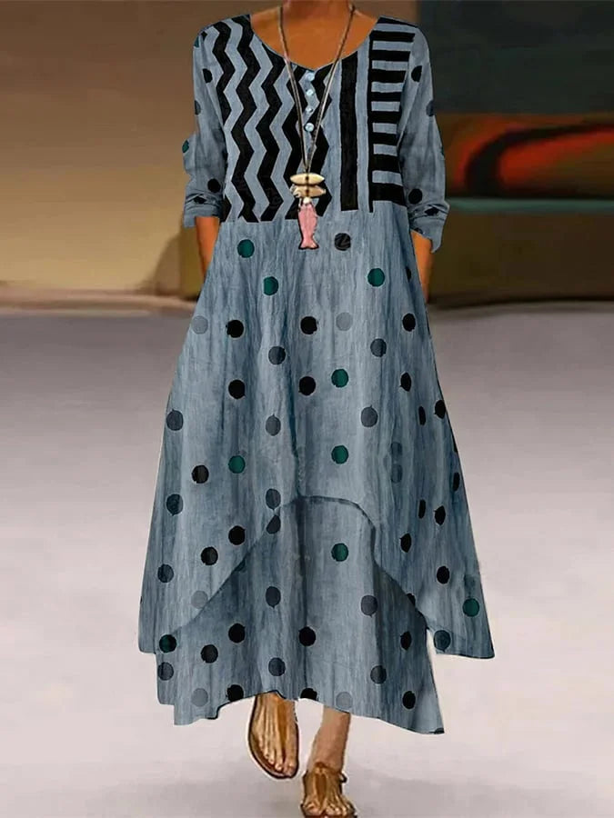 Maxi dress with polka dot and geometric pattern