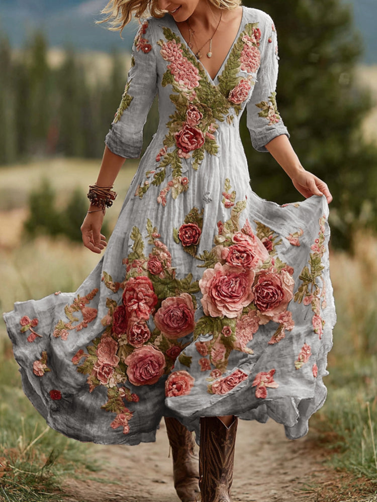 Women's Vintage Rose Floral Art V Neck Linen Blend Comfy Maxi Dress artswardrobe