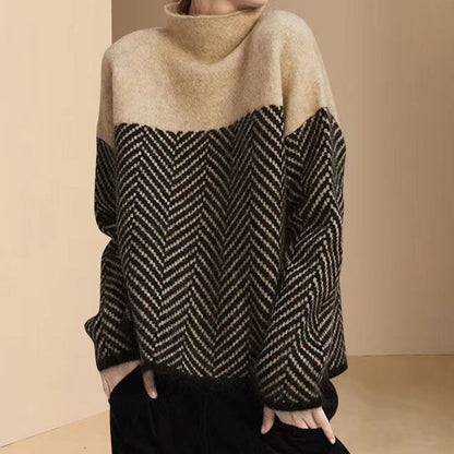 Vintage Turtleneck Contrasting Herringbone Jacquard Sweater elevenforest