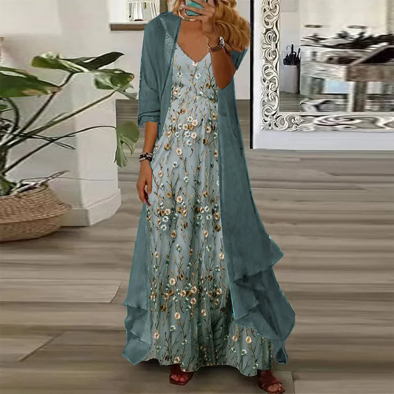 KS | Youthful ditsy floral print maxi dress with thin jacket Two-piece outfits