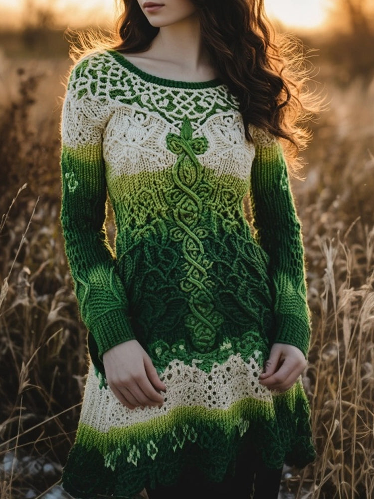 Retro Irish Celtic Jacquard Gradient Chunky Cozy Sweater Dress elevenforest