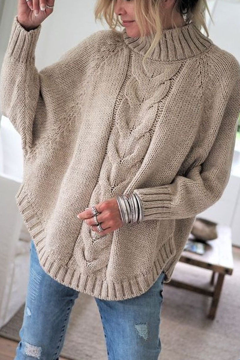 Cotton Cable Knit Turtleneck with Oversized Twisted Cable Panel