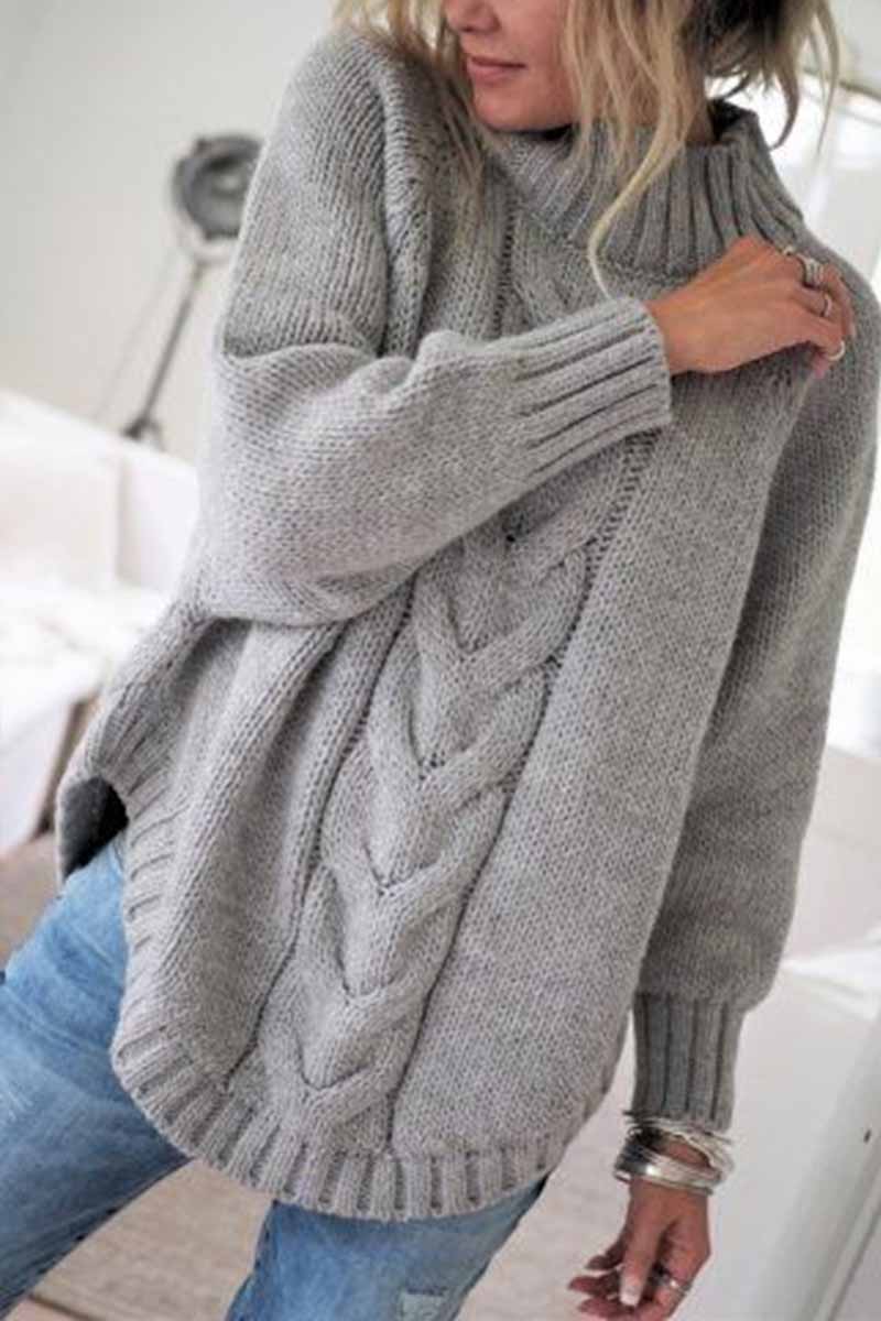 Cotton Cable Knit Turtleneck with Oversized Twisted Cable Panel