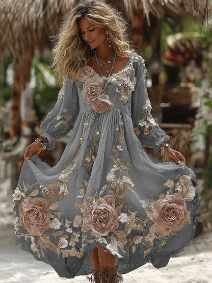Women's Vintage Romantic White Rose Embroidery Art Comfy Linen Maxi Dress artswardrobe