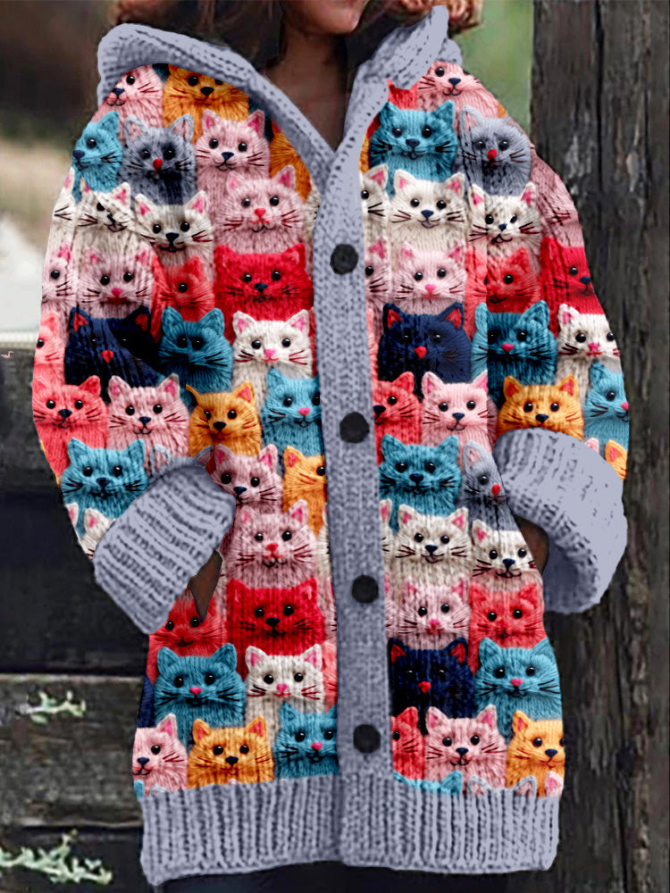 Knitted coat with button placket and playful cat print
