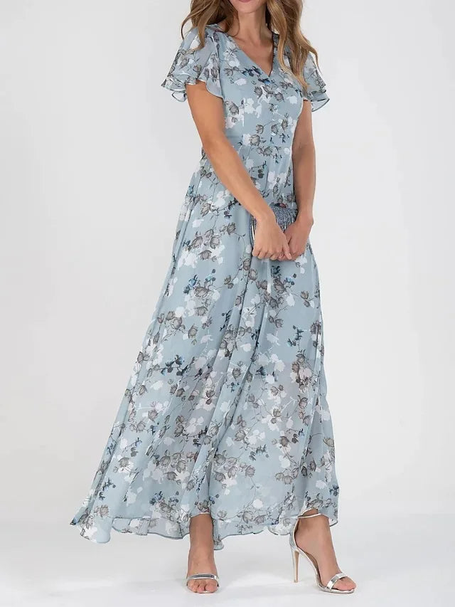 Maxi dress with ruffled sleeves and floral pattern