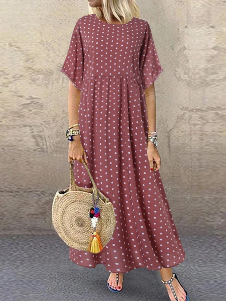 Polka Dot Women's Midi Bohemian Holiday Dress Short Sleeve O-Neck Long Vintage Casual A-Line Dress Summer Vestidos