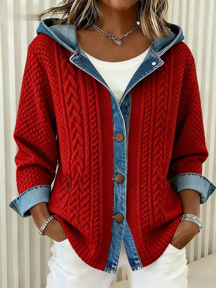 Cotton Sweater with Denim Collar and Cable Knit