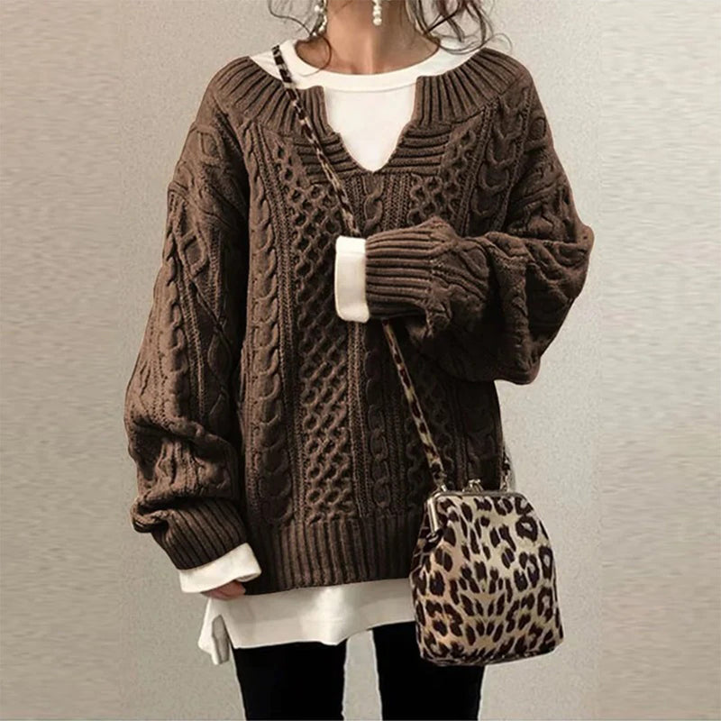Cotton Cable Knit Sweater with Keyhole Neckline and Mixed Texture Panels