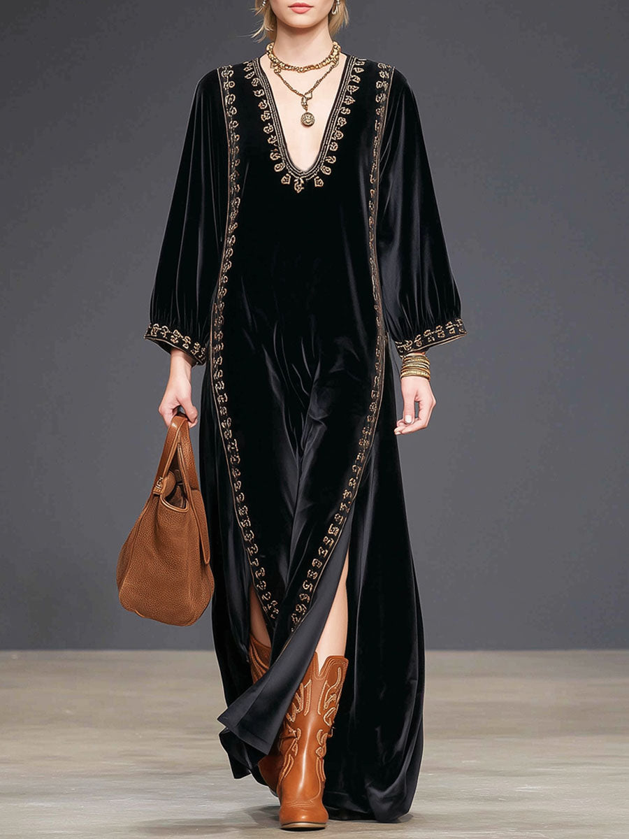 Loose V-neck Contrasting Edge Slit Velvet Maxi Dress