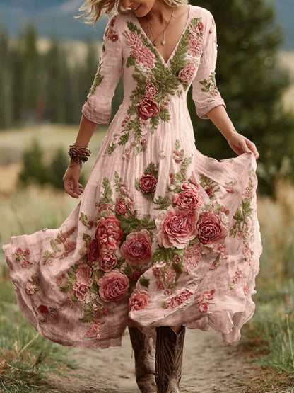 Women's Vintage Rose Floral Art V Neck Linen Blend Comfy Maxi Dress artswardrobe