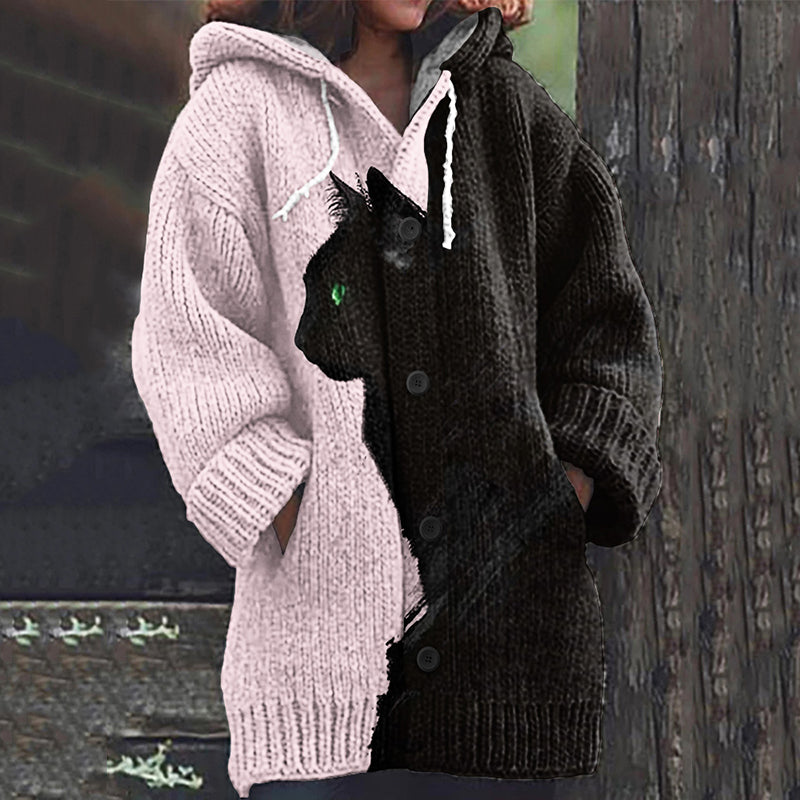 Black Cat Pattern Women's Hooded Cardigan elevenforest