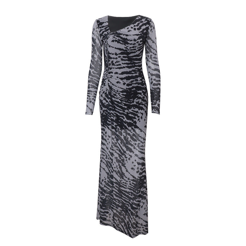Zebra Pattern Print One Shoulder Design Cotton Long Dress Spring