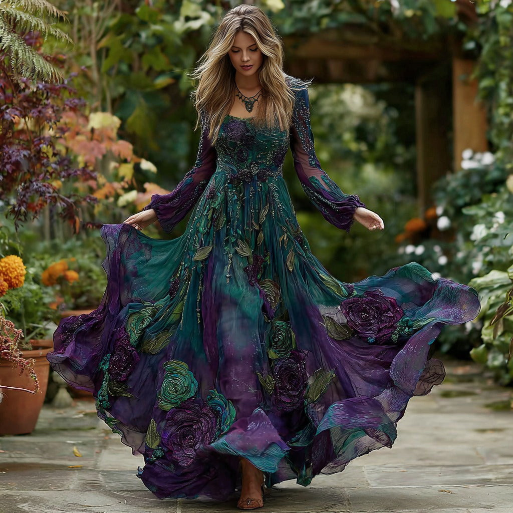 Women's Vintage Purple Floral Gradient Pattern Elegant Round Neck Dress artswardrobe