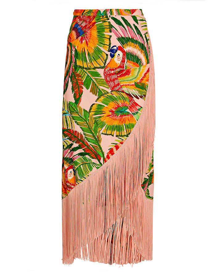 One-shoulder Embroidered Print Bikini and Fringe Skirt