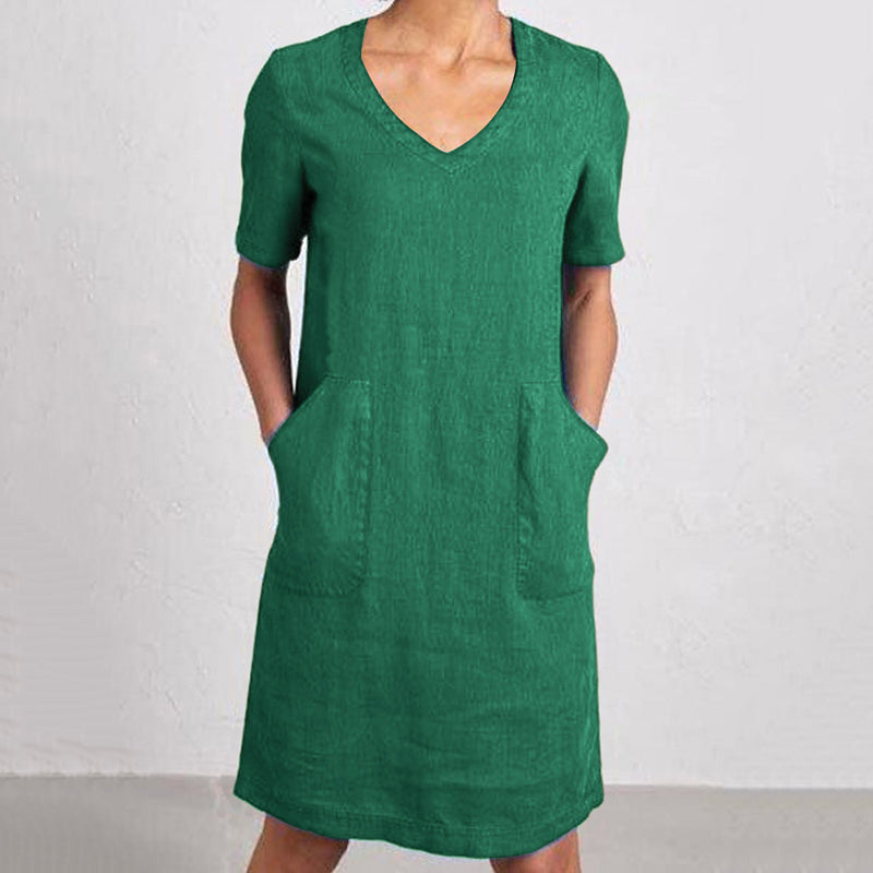 Women's Retro Solid Color Cotton And Linen V-neck Pocket Dress artswardrobe