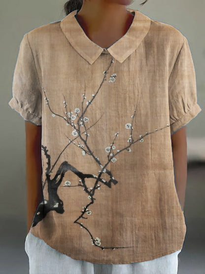 Comstylish Simple Plum Blossom Japanese Art Linen Blend Tunic