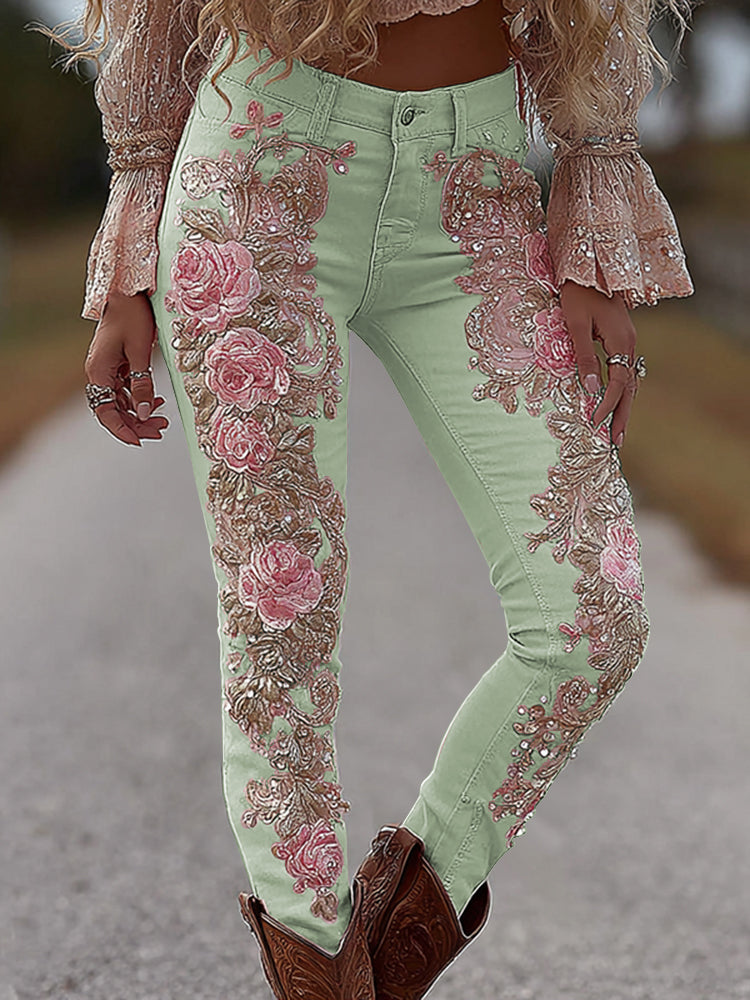 Women's Vintage Rose Floral Embroidery Art Loose Jeans artswardrobe
