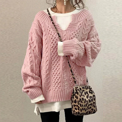 Cotton Cable Knit Sweater with Keyhole Neckline and Mixed Texture Panels