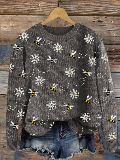 Flying Bees Floral Embroidery Pattern Cozy Knit Sweater artswardrobe